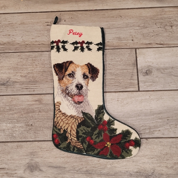 Wool monogrammed Jack Russell Terrior needlepoint Christmas stocking poinsetta - Picture 2 of 12